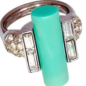 Vintage Trifari Ring Art Deco Style Green Lucite Rhinestone Size 5.75 Adjustable